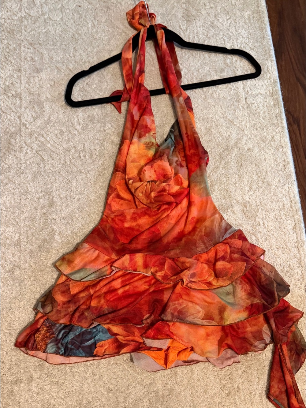 Halter Ruffle Floral Silk-Blend Top in Orange Red NEVER WORN